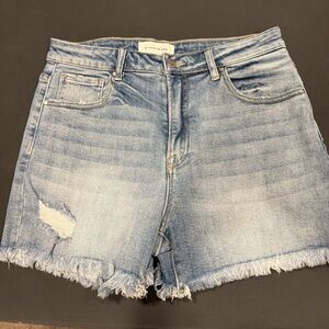 Risen Light Blue Denim Frayed Hem Women's Shorts